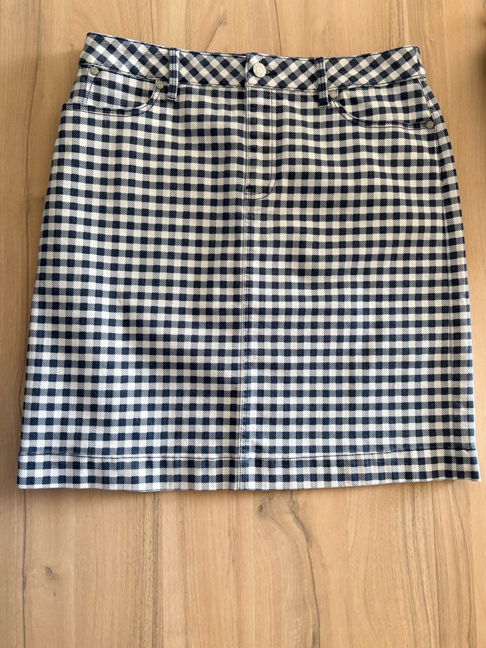 Talbots Navy and White Gingham Pencil Skirt with Front Button